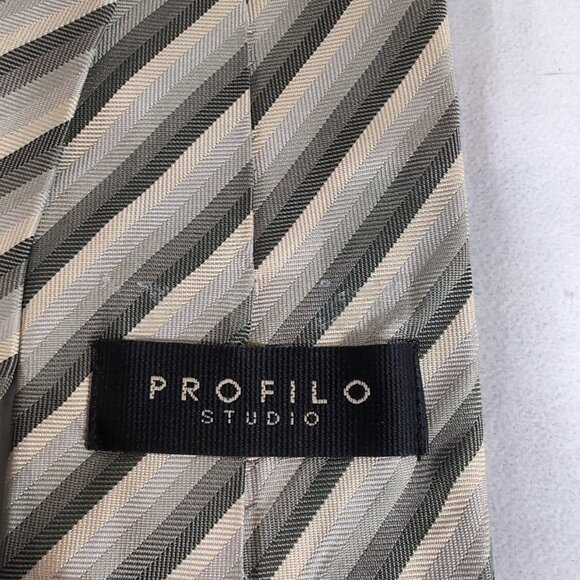 Profilo Studio 100% Silk Tie Men's Neck Diagonal Striped Silver Grey Yellow Gold - Picture 5 of 10